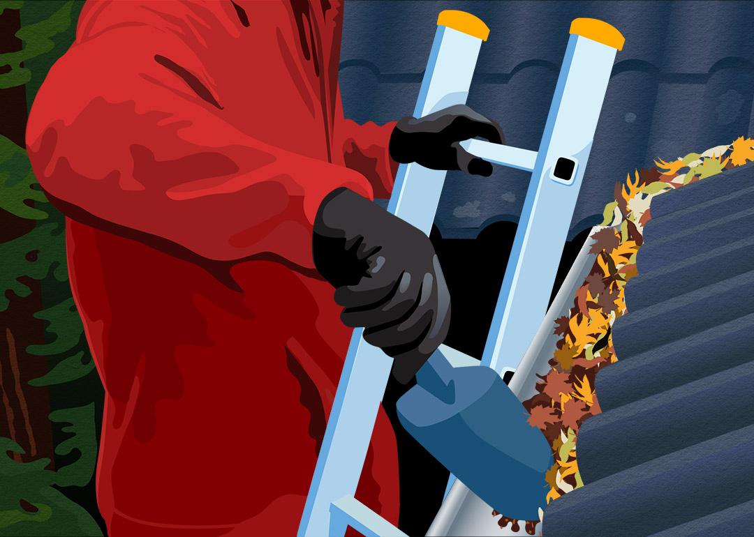 A custom art of a person cleaning leaves off a roof gutter
