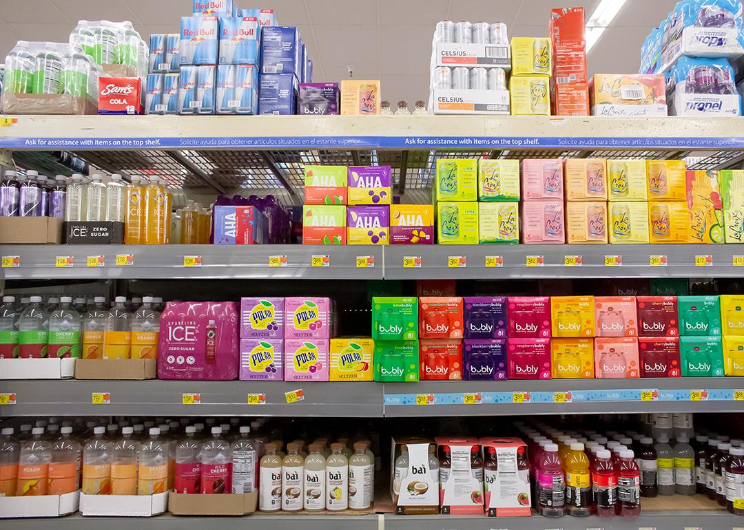 A view of several shelves of sparkling water.