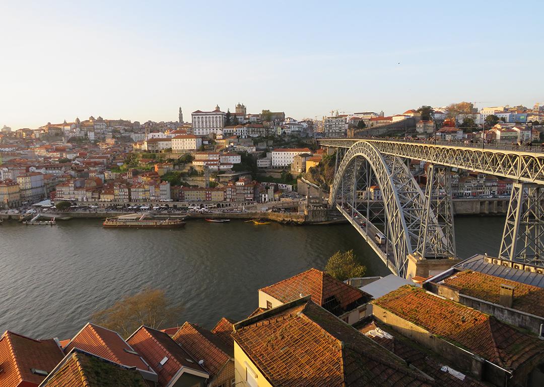 An aerial view of the traditional Ribeira neighborhood in Porto, Portugal.
