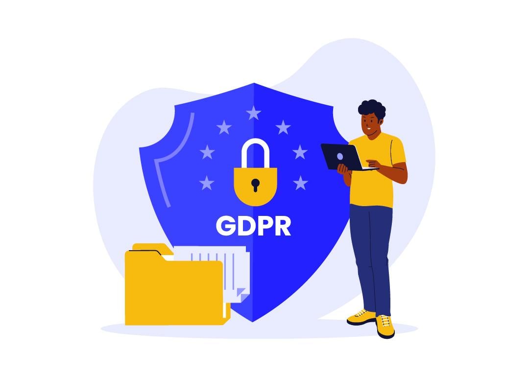 Vector illustration of an employee with GDPR data protection graphics.