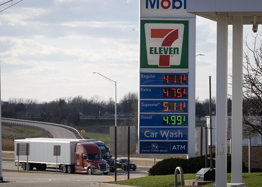 Fuel prices are displayed at a tollway oasis on April 06, 2026 in Belvidere, Illinois.