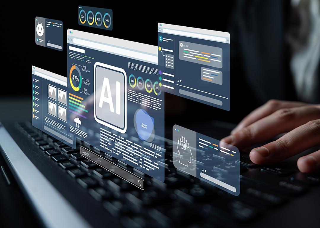 Dashboards and charts over a laptop as a concept of AI assistance.