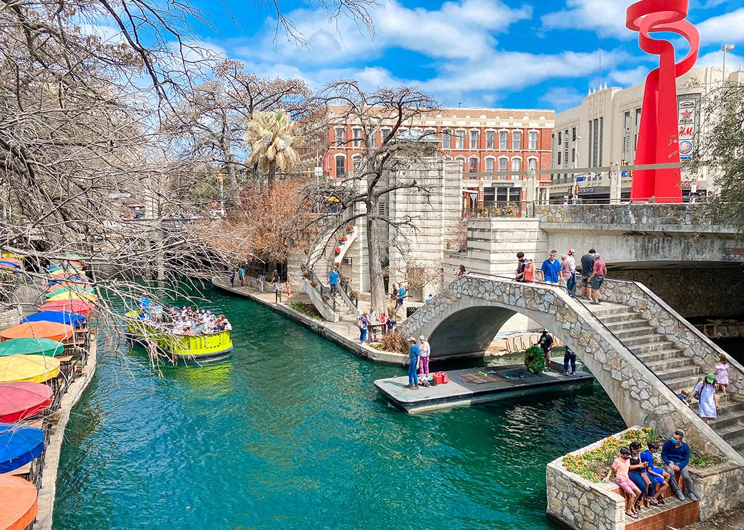 A view of the San Antonio River walkway in San Antonio, Texas.