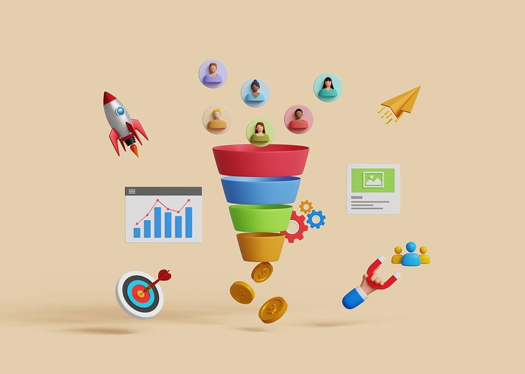 3D concept illustration of converting audience into sales.