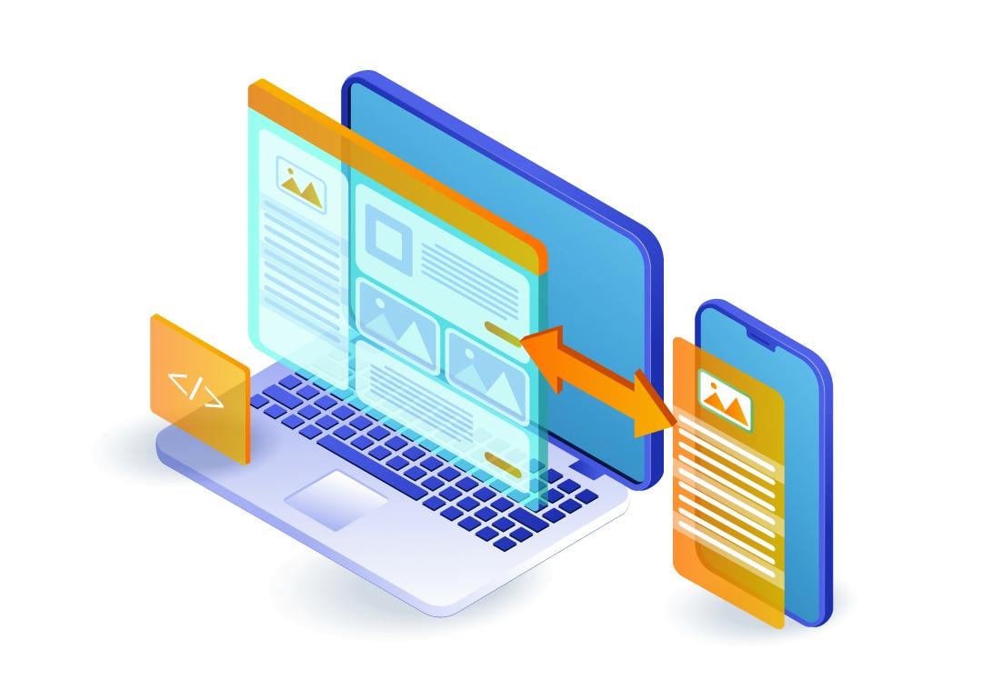 A vector illustration of a responsive web design and blogger articles from a laptop.