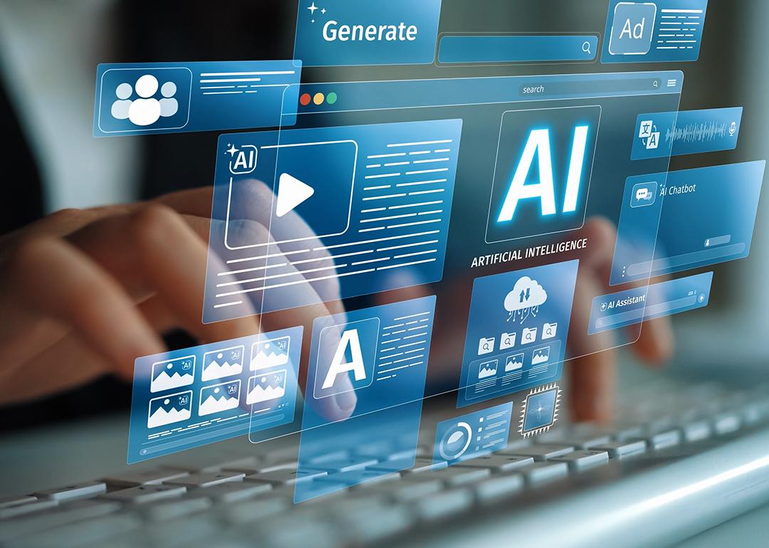 An analyst using an AI assistant brain processor with LLM technology icons. 