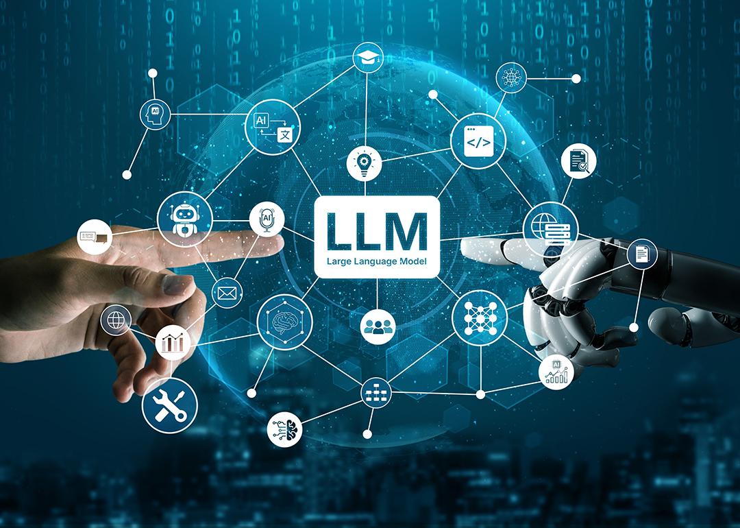 A human arm and a robotic arm pointing to an LLM (Large Language Model) and other processing data icons.
