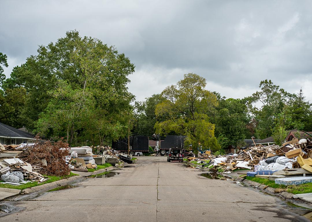 Debris along a residential neighborhood hit by Hurricane Harvey.