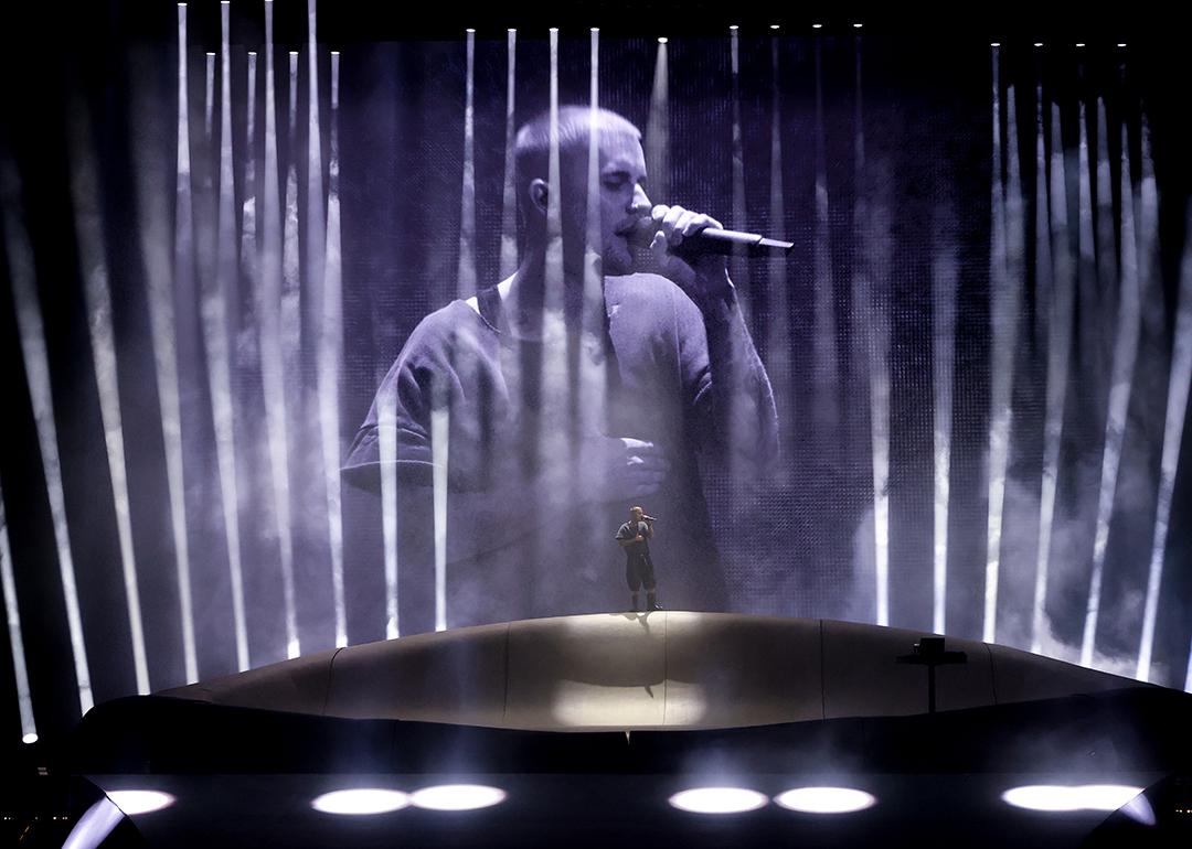 Justin Bieber performs at the Coachella Stage during the 2026 Coachella Valley Music and Arts Festival at Empire Polo Club on April 11, 2026 in Indio, California.