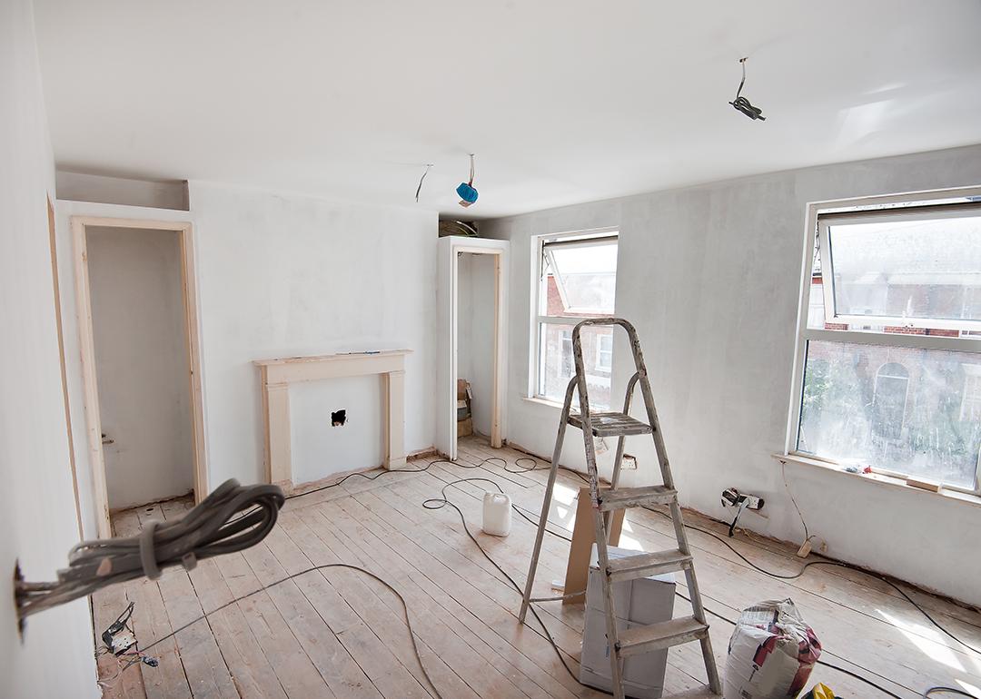 Undergoing repairs in a room of an apartment. 