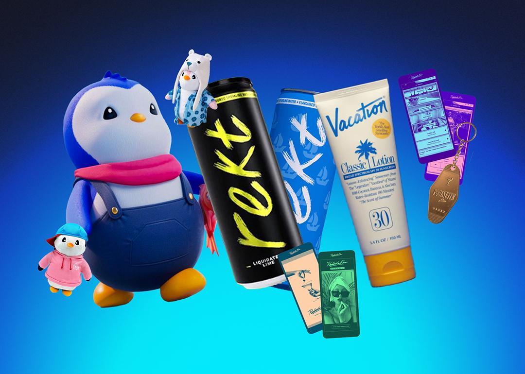 Custom illustration of nationwide brands that started as crypto experiments such as Pudgy Penguins (plush toys), Rekt (canned energy drink), and Vacation (sunscreen brand).