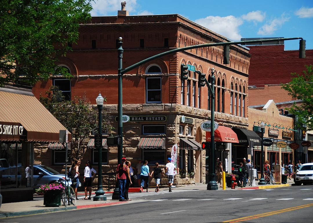 A view of Main Avenue in Durango, featuring the oldest bank building in Colorado.