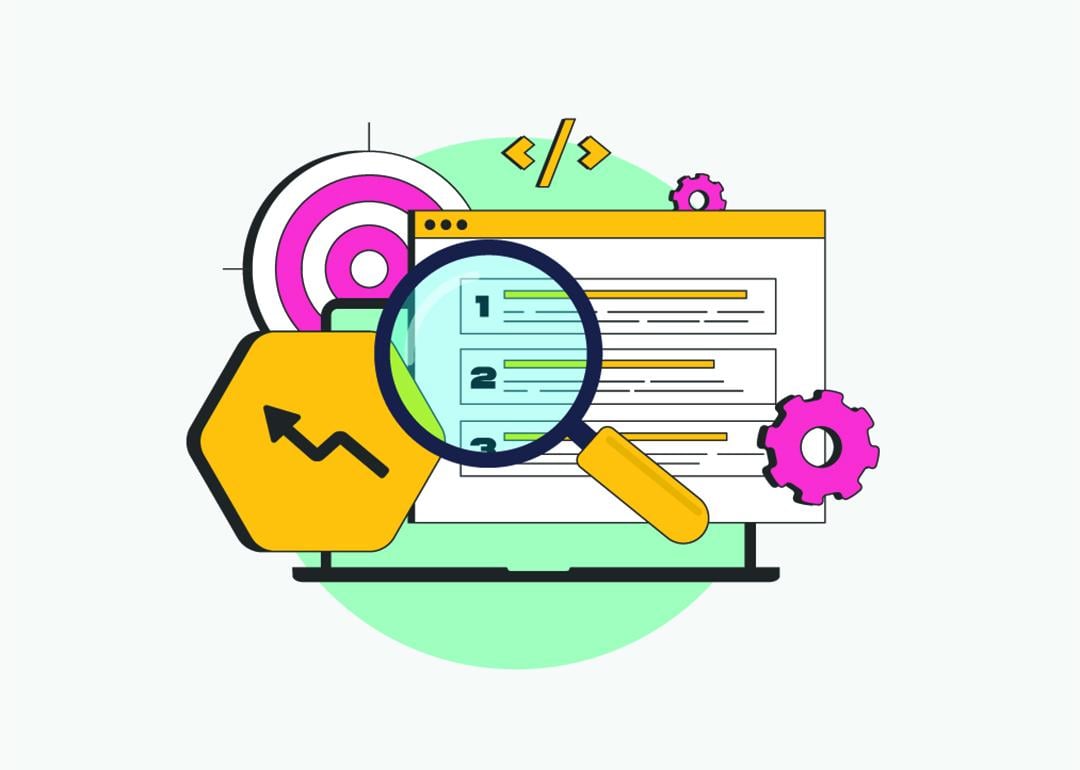 A vector illustration of a search engine optimization concept and digital search icons.