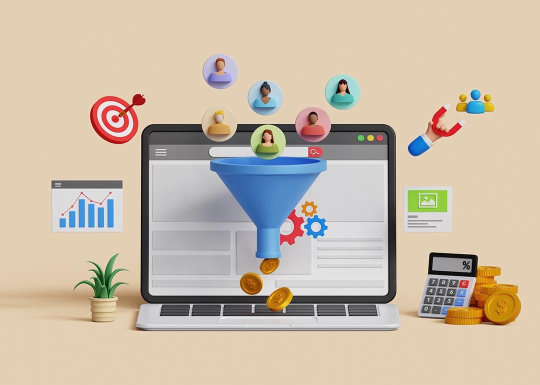 A 3D custom illustration of marketing and funnel graphics as a concept of lead generation.