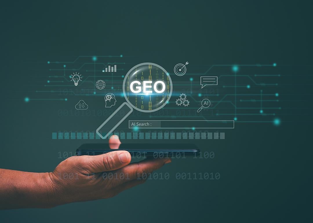 A Generative Engine Optimization (GEO) concept floats in a background with icons for view results from internet network. 