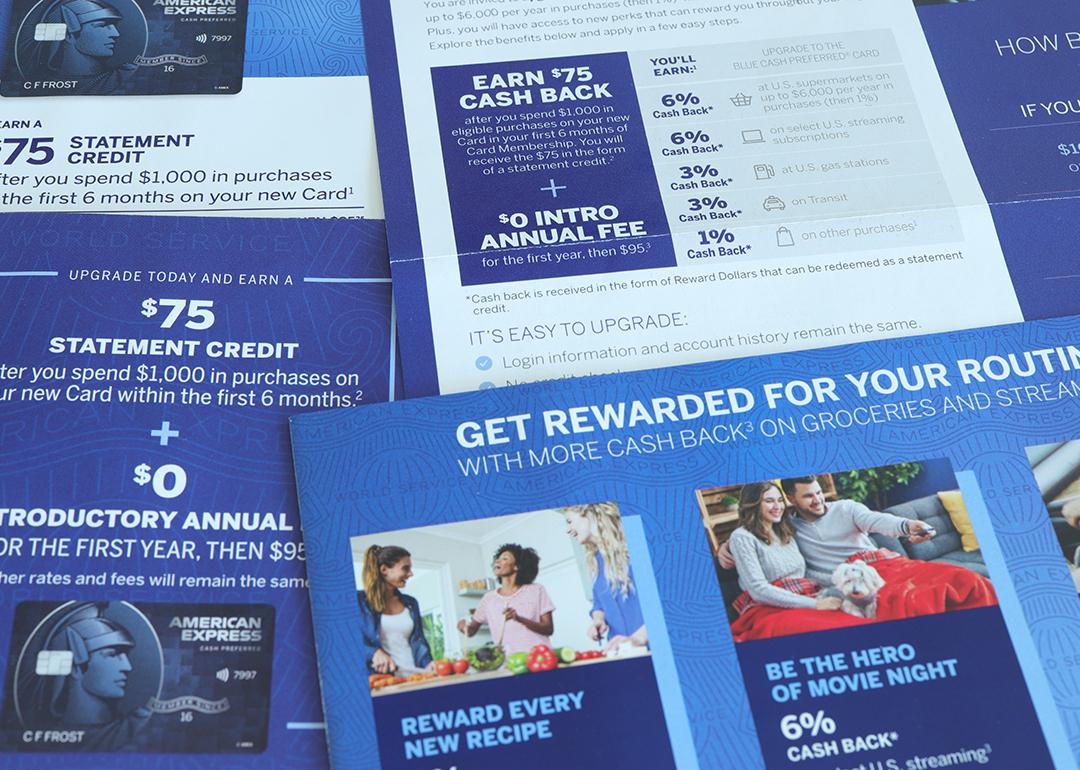 Cash back rewards and offers printed on pamphlets of a bank.