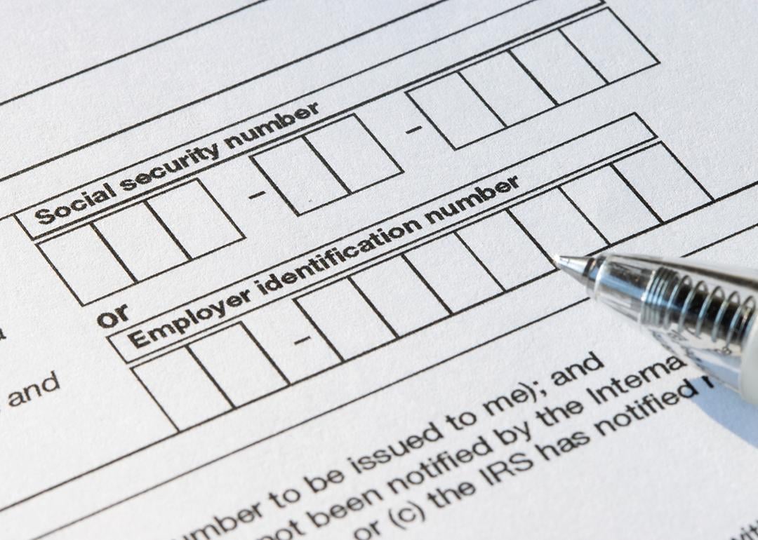 A close up on the the boxes for social security number (SSN) or employer identification number (EIN) on a W-9 form.