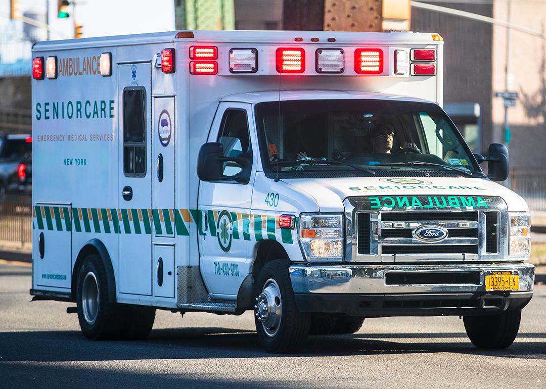 A senior care ambulance from a road in New York City, USA.