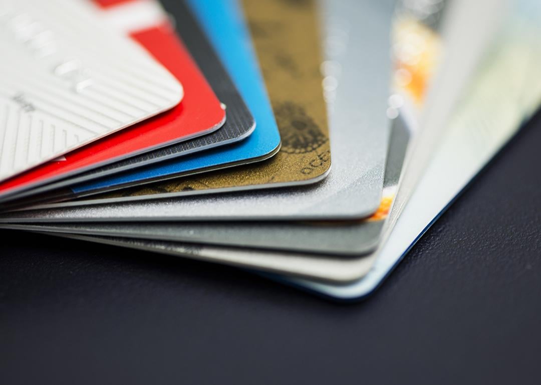 A stack of multicolored credit cards. 