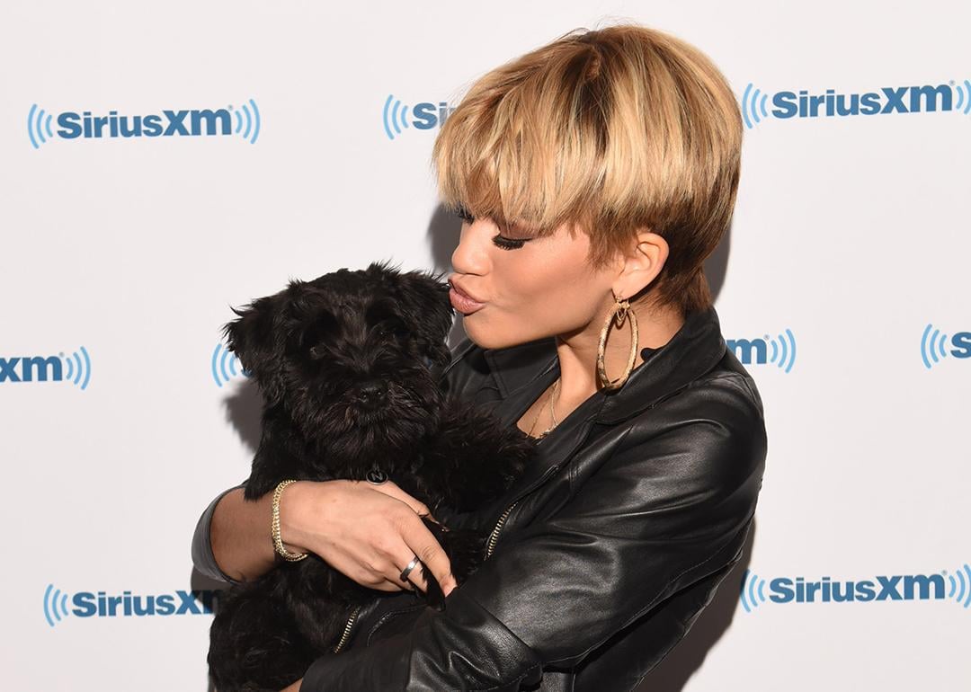 Zendaya with her dog at SiriusXM's morning broadcast show.