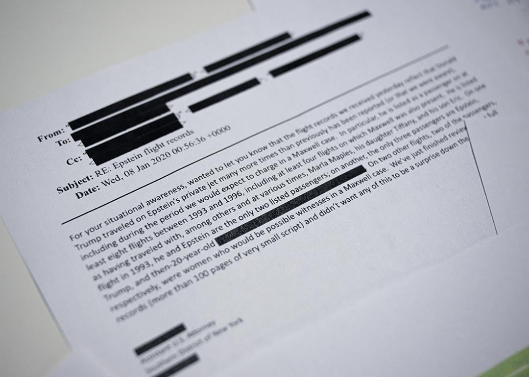 An email document as part of a new batch of files released by the US government related to Jeffrey Epstein containing numerous references to Donald Trump, including documents detailing flights he took on his then close friend's private jet. 