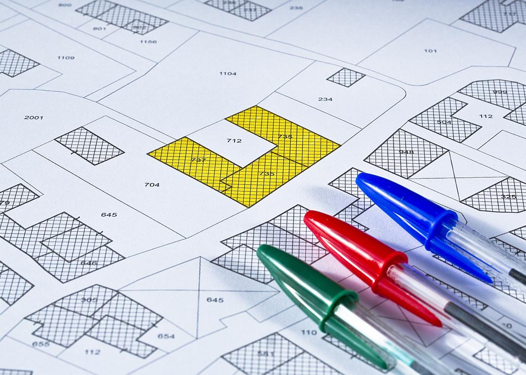 A cadastral map with buildings, land parcel and vacant plot.