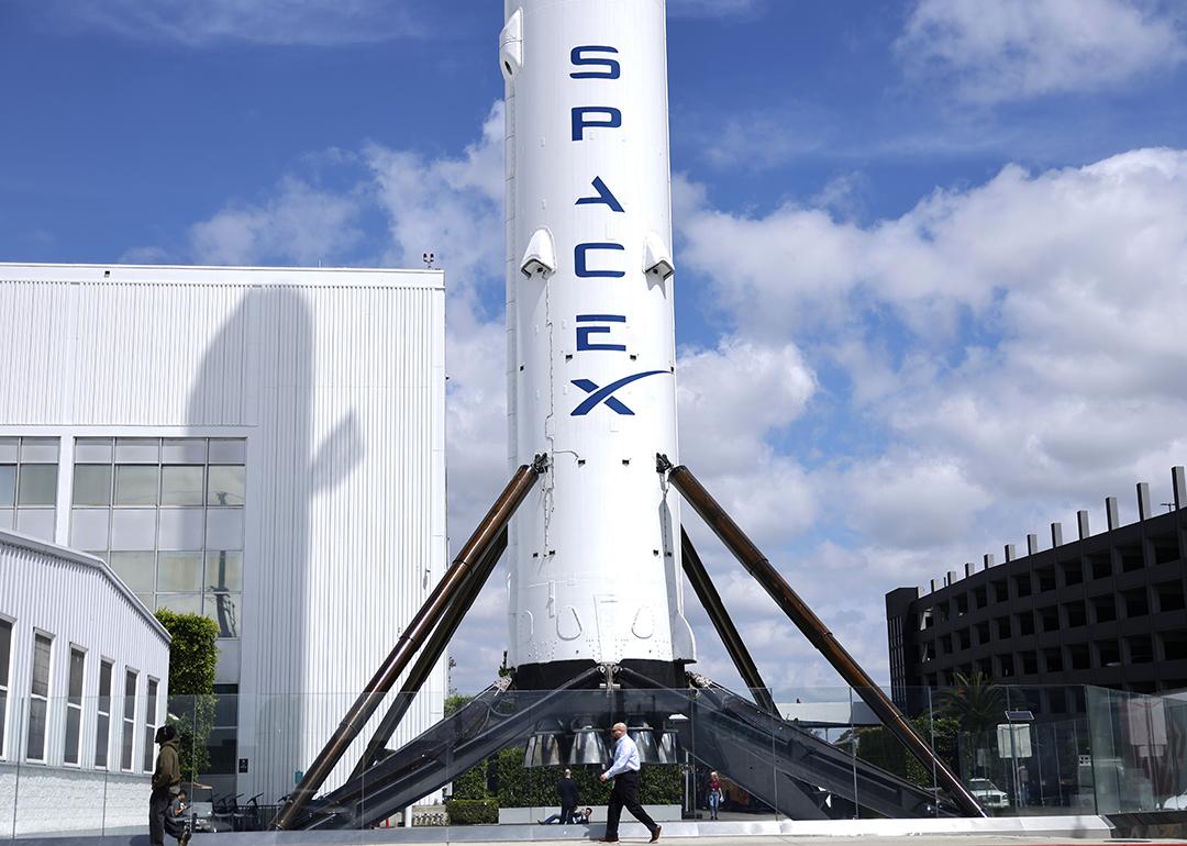 A SpaceX Falcon 9 rocket is displayed at a SpaceX facility on April 2, 2026 in Hawthorne, California. 