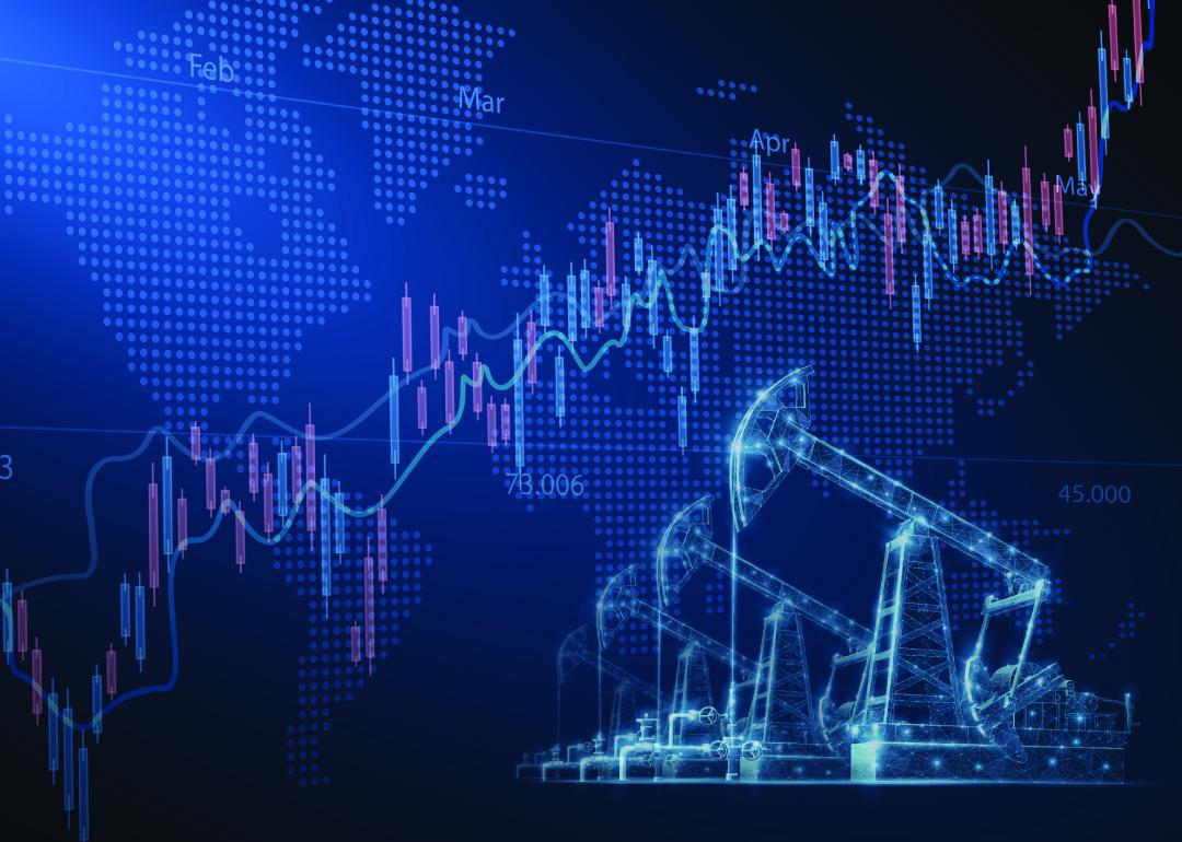 Stock and finance charts over a holographic illustration of oil pump infrastructure.