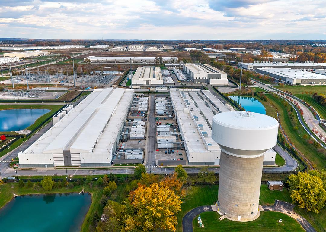 A modern industrial infrastructure in Ohio that includes large data centers, power and logistics hubs.