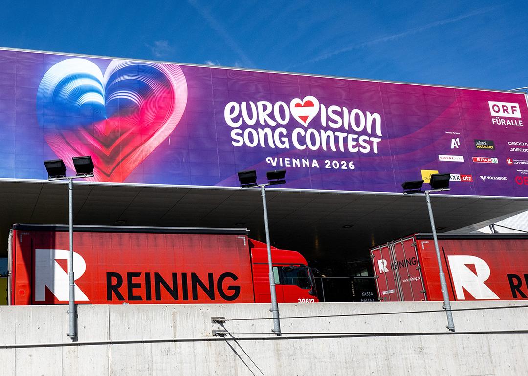 Trucks are parked outside Stadthalle for the Eurovision Song Contest in Vienna, Austria.