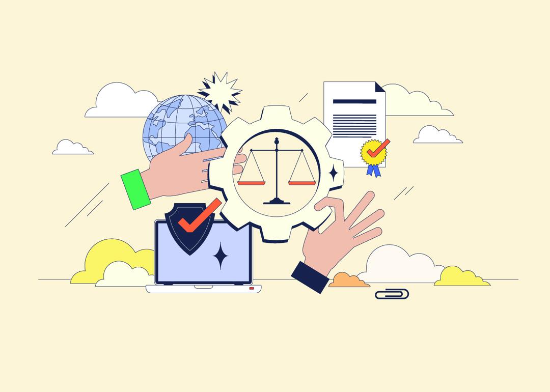 AI governance illustrated by hands interacting with a globe, laptop, and justice scale, symbolizing regulation and oversight