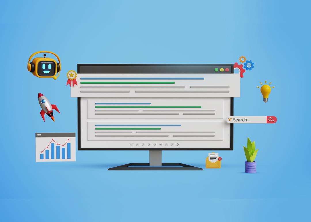 Custom 3D illustration of the concept of SEO optimization for search results.