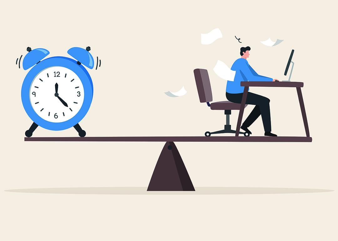 A vector illustration of a businessman working and a clock on a seesaw balance, as a concept of balancing flexible hours.