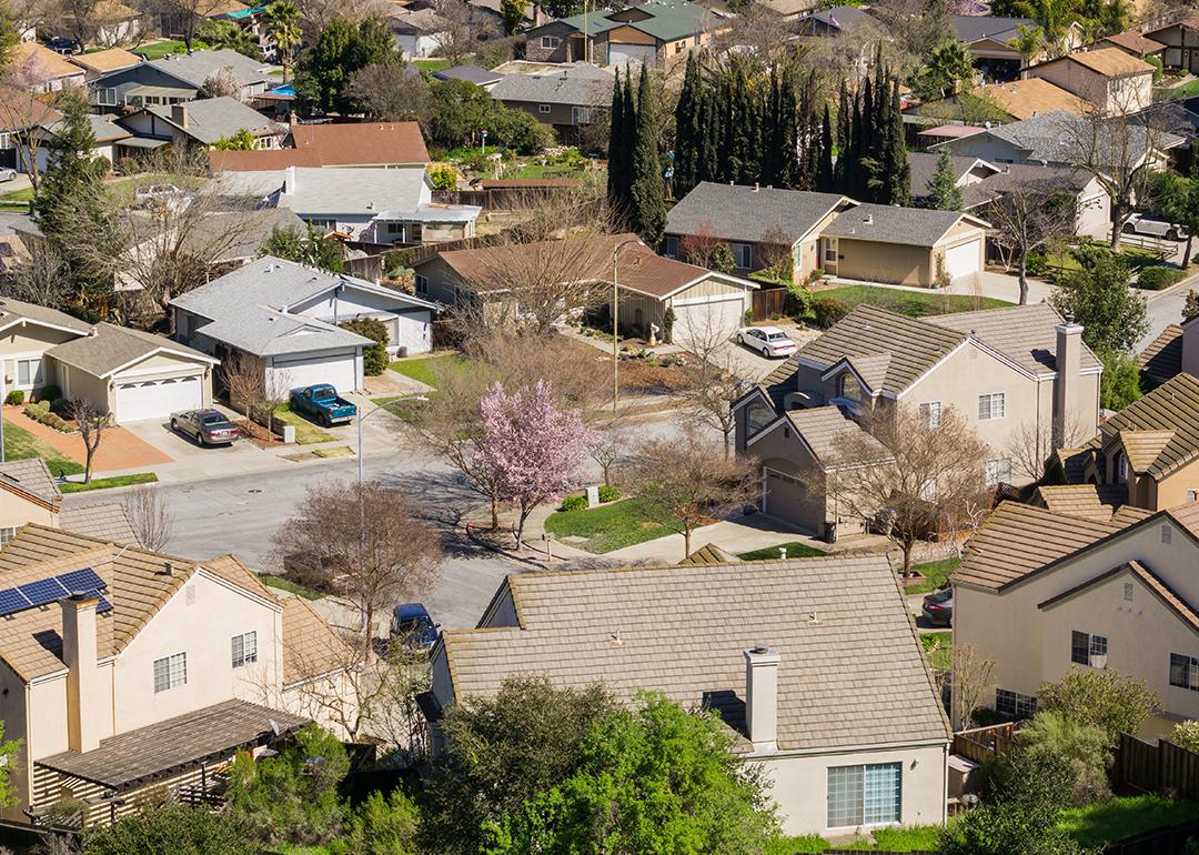 An aerial view of a residential neighborhood in San Jose City, California, USA.