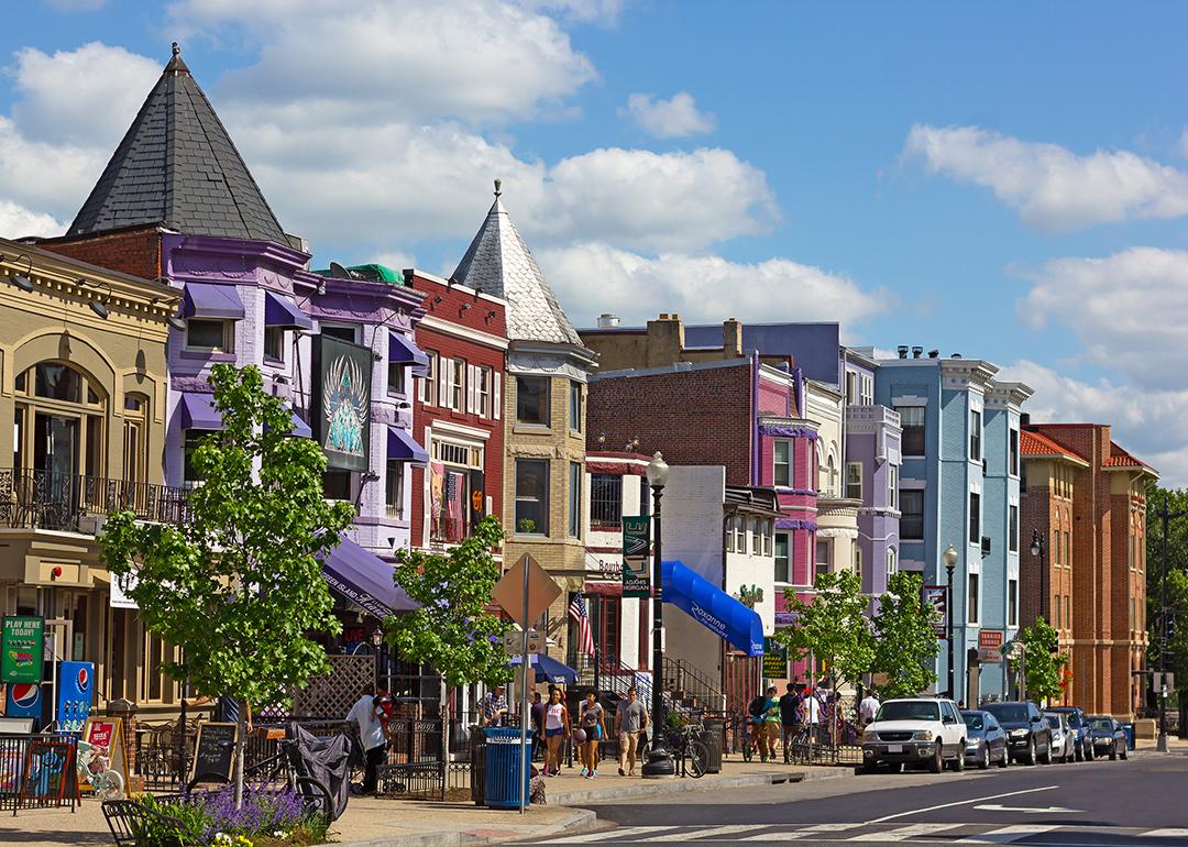 A row of colorful houses in a neighborhood in Adams Morgan, Washington, D.C.