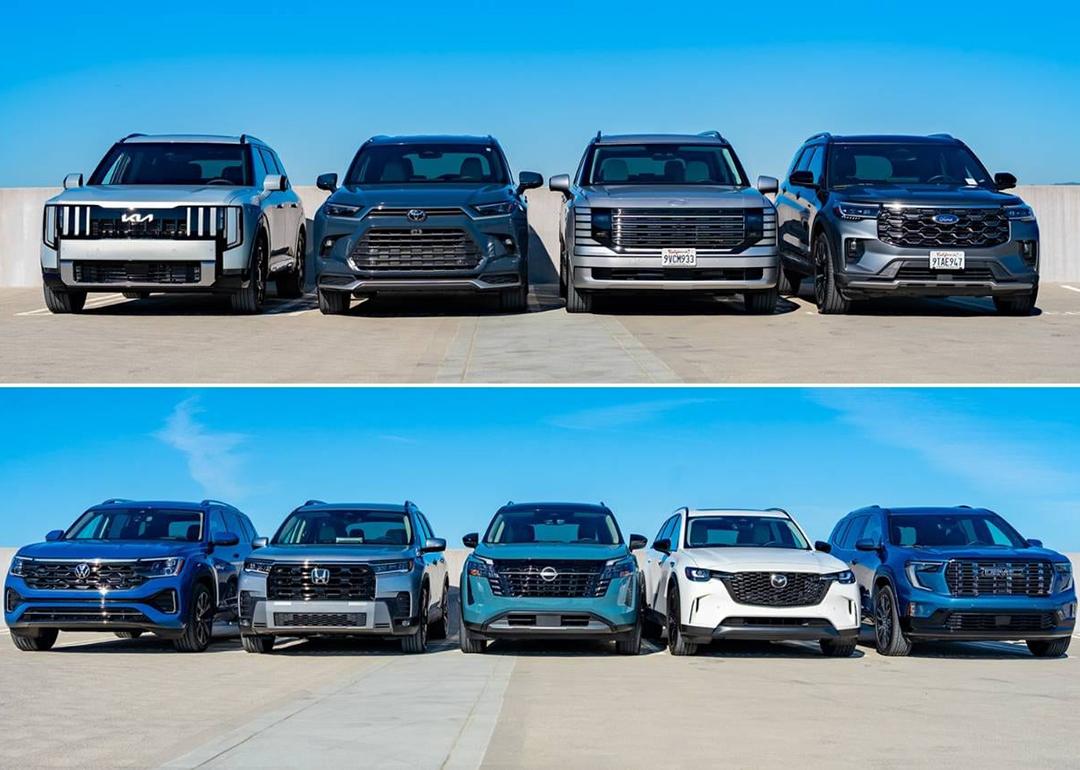 Collage of 9 midsize 3-row SUVs as compared by Edmunds.