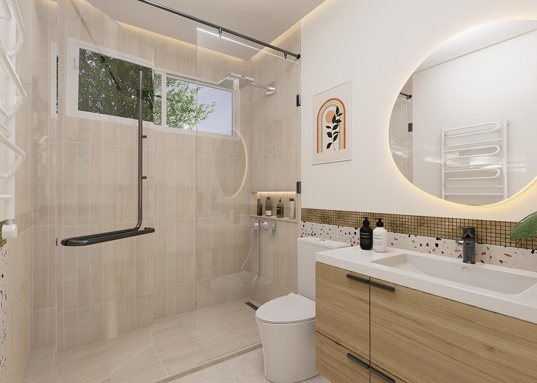 A modern bathroom with beige marble and wooden interior.
