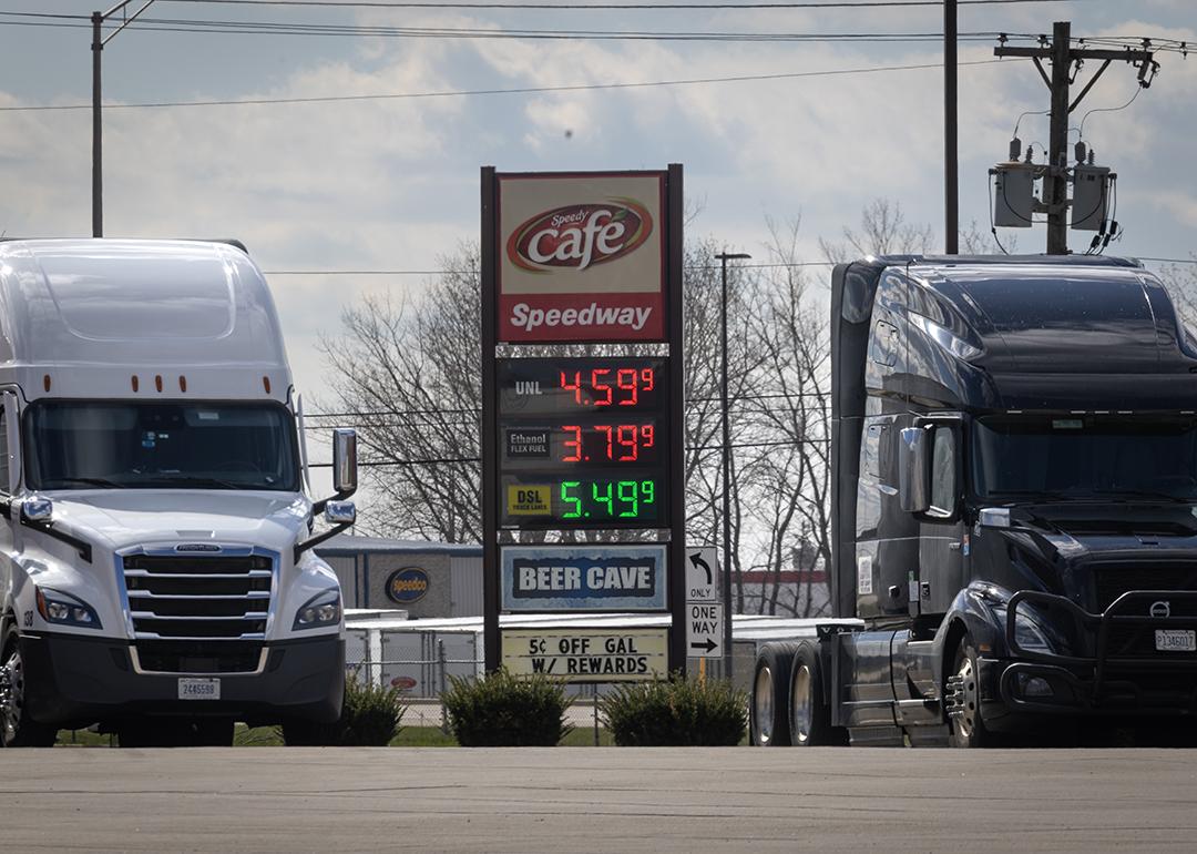Fuel prices are displayed at a truck stop on April 06, 2026 in Hampshire, Illinois.