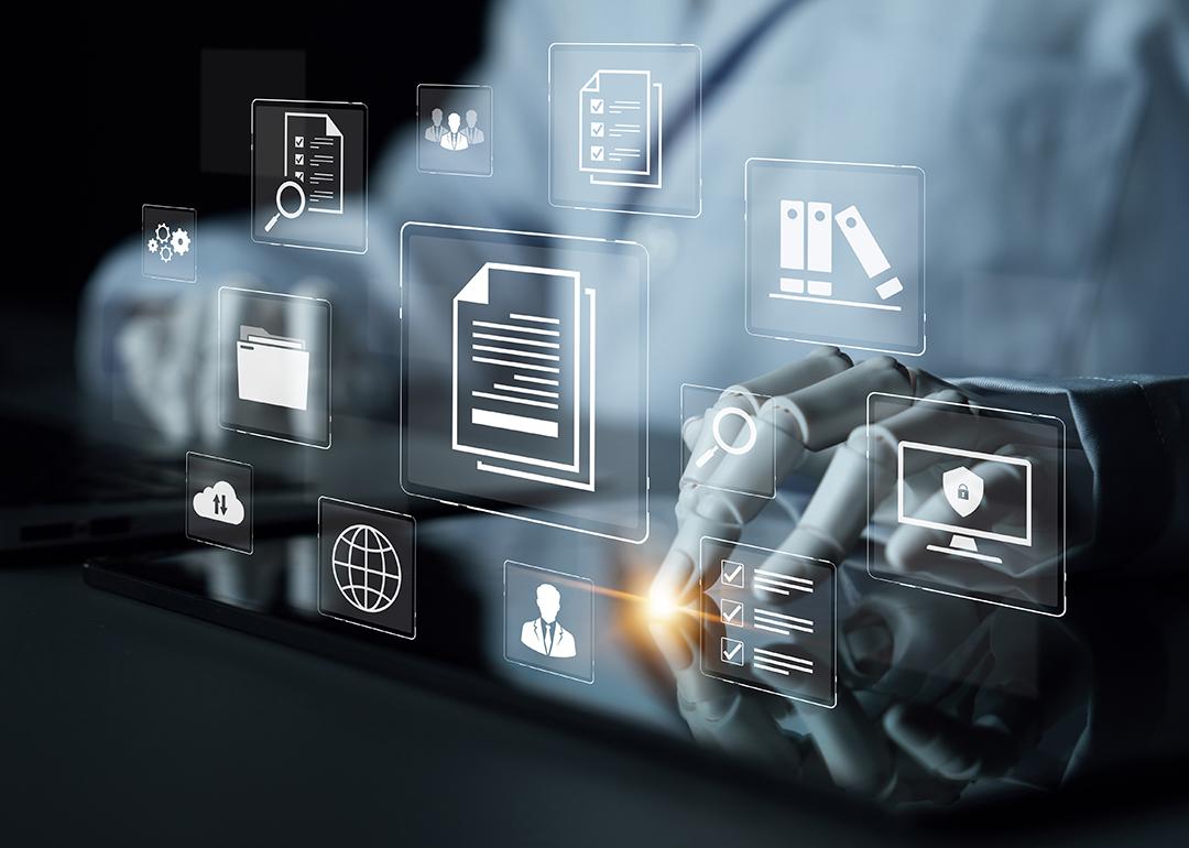 AI-powered platform and document management icons floating in the background.