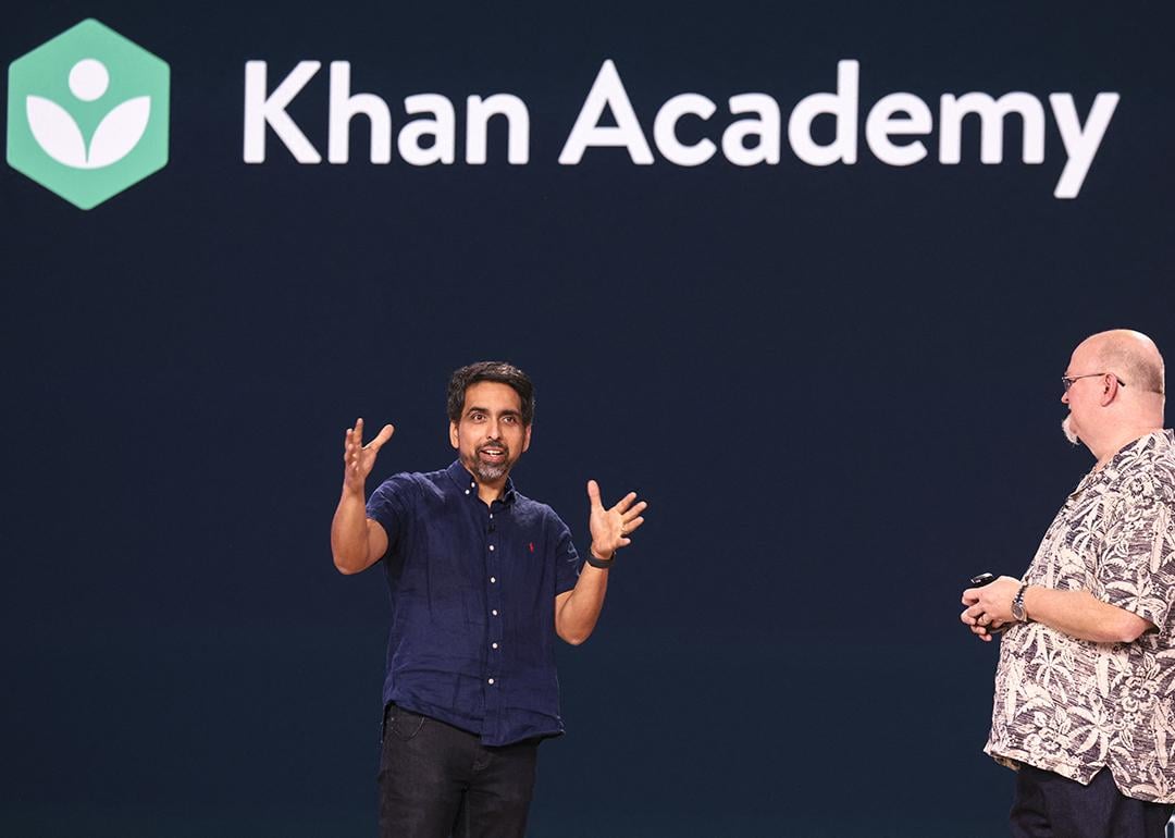 Khan Academy CEO Sal Khan (left) and Microsoft Chief Technology Officer and Executive Vice President of Artificial Intelligence Kevin Scott (right) presenting at the Microsoft Briefing event in Seattle, Washington, USA.