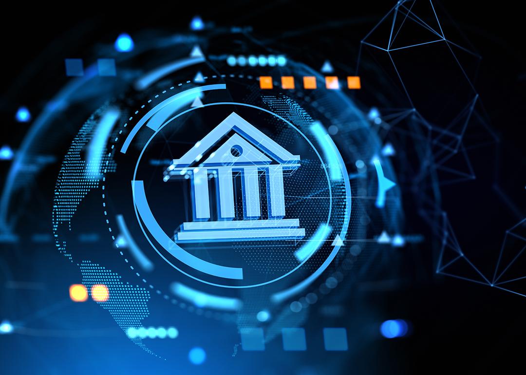 A digital bank icon surrounded by futuristic blockchain concept and designs.