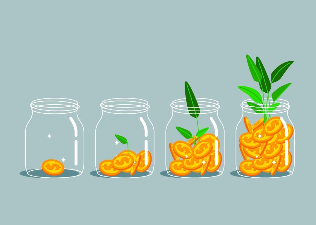 A vector illustration of jars growing a plant with increasing deposit of coins as a concept of growing finances.