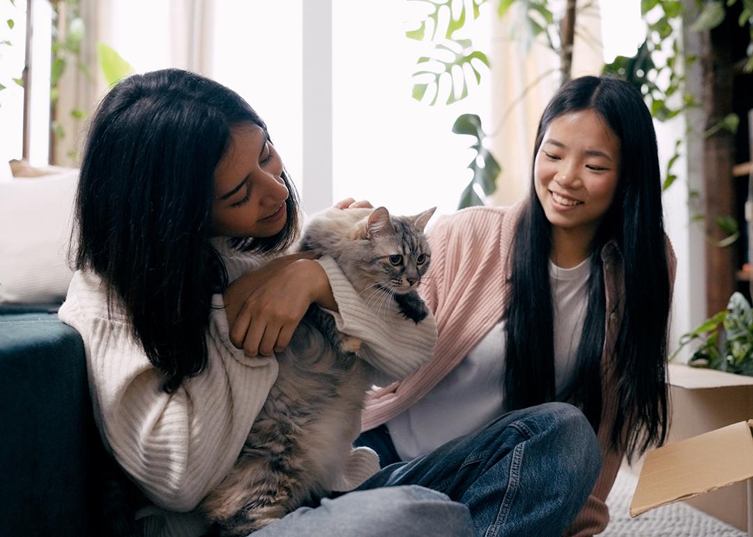 Two persons petting a cat while unpacking boxes in their new room.