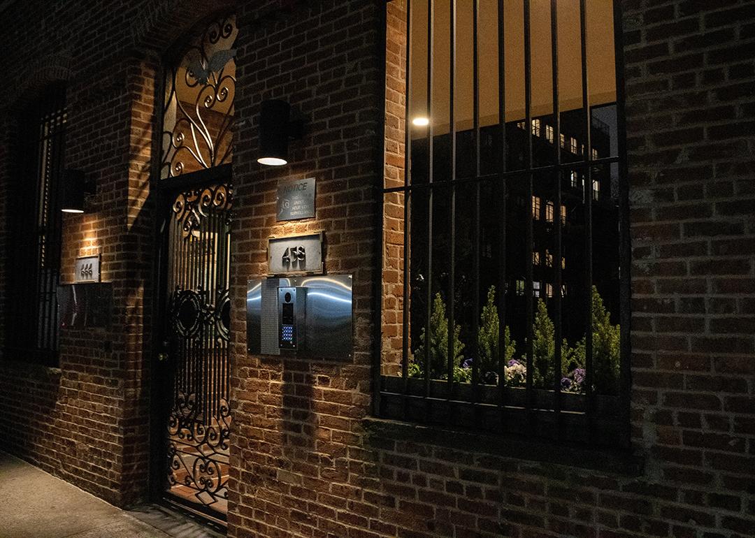 An exterior of a doorway in a city neighborhood in New York, USA.