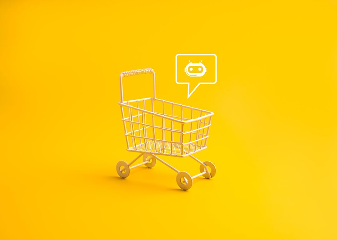 A shopping cart with a AI chatbot icon in a yellow background.