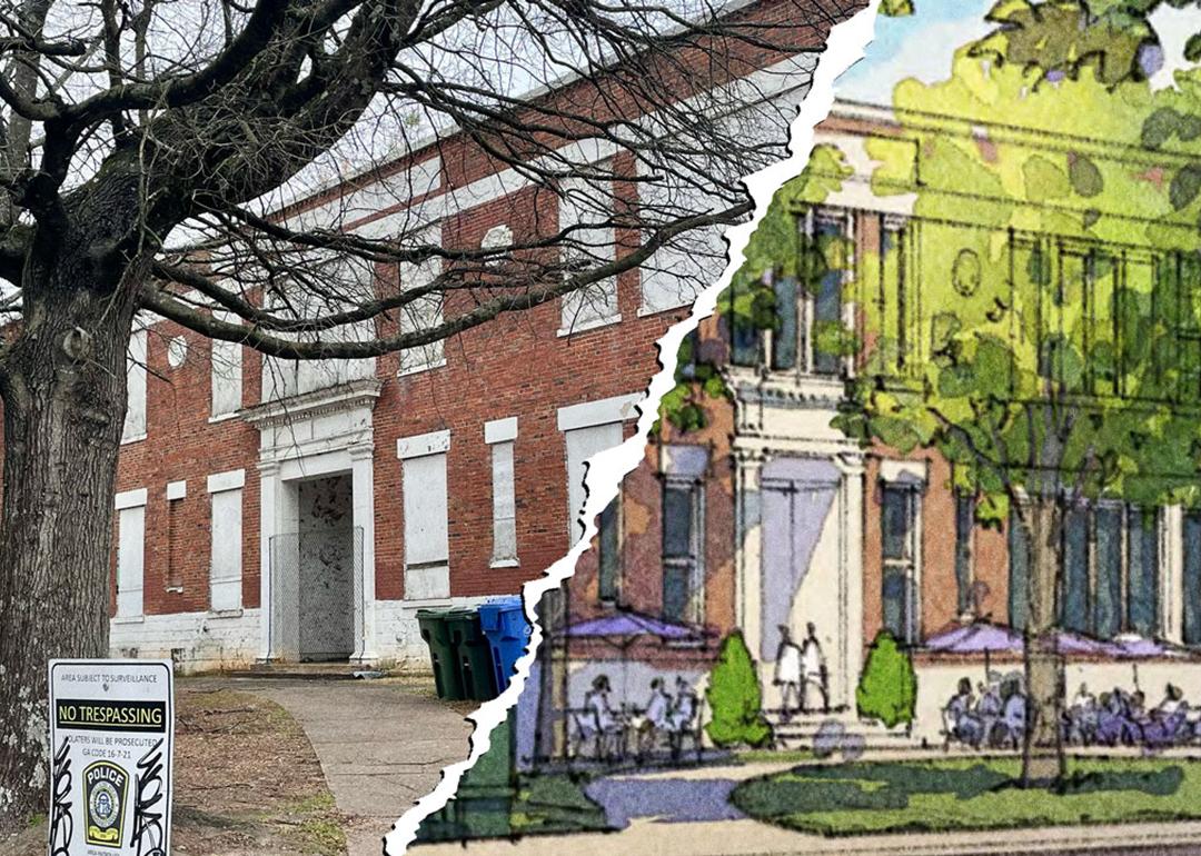 An illustration showing the proposed redevelopment of Lakewood Elementary with the old school on the left and a rendering on the right. The two images are joined together at their edges with what looks like a paper torn diagonally.