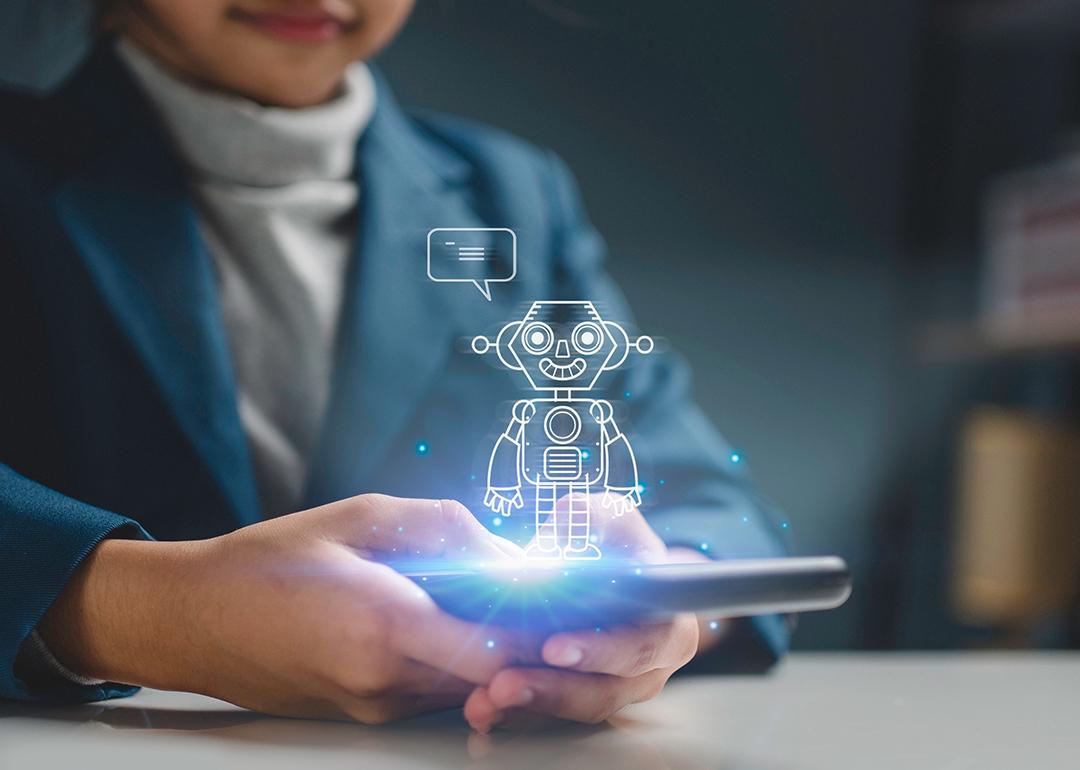 A young girl using a smartphone for learning illustrated with a AI chatbot graphics.