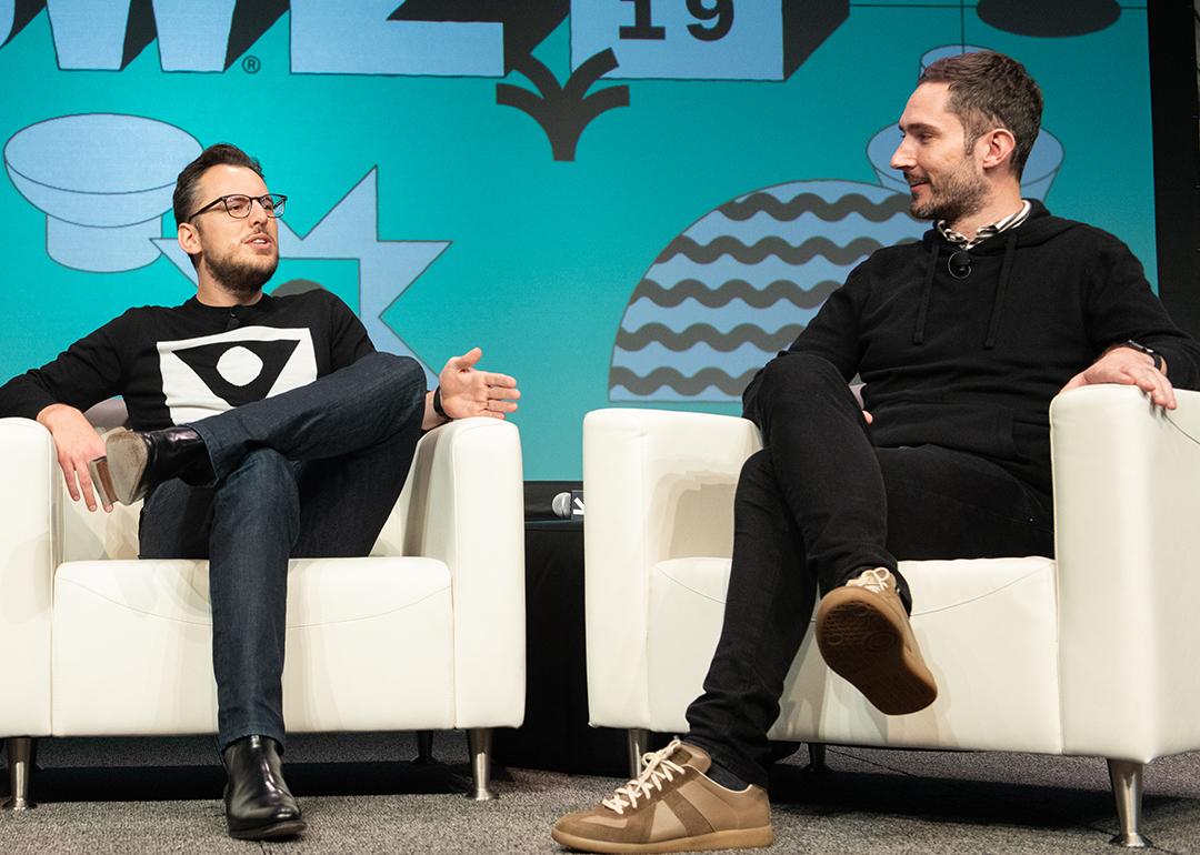 Instagram co-founders Mike Krieger (L) and Kevin Systrom (R) being on stage during the 2019 SXSW Conference and Festival in Austin, Texas, USA.