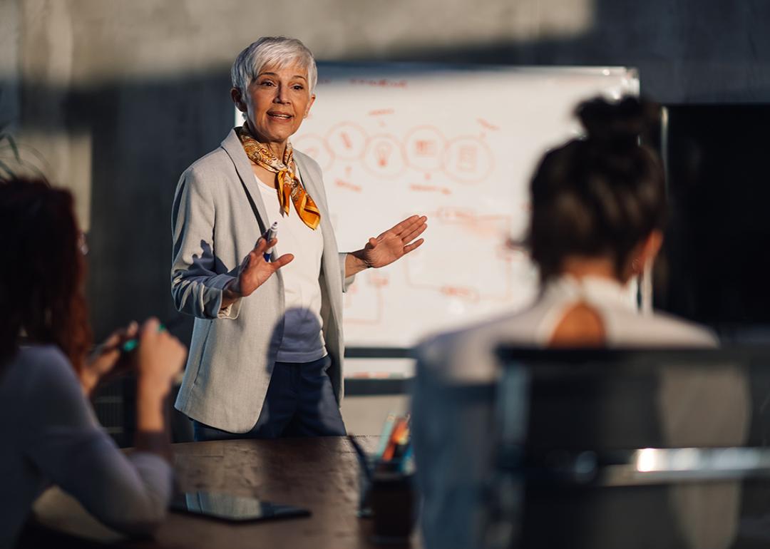 A female senior executive leading a team meeting.