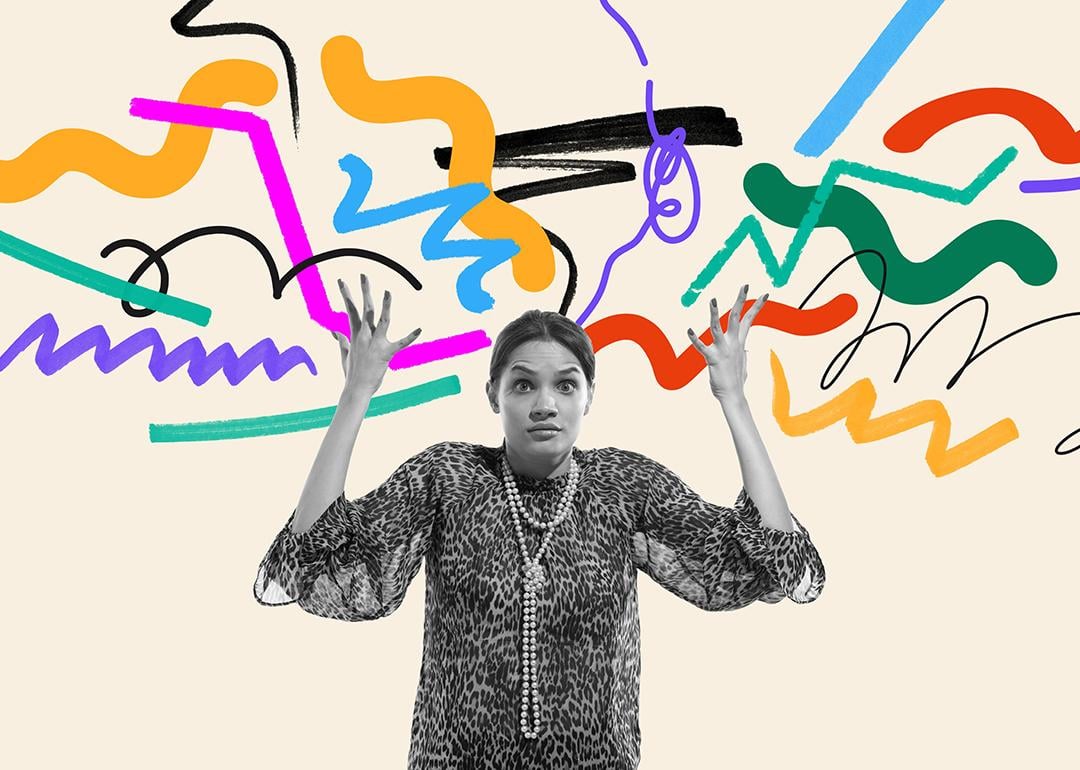 A conceptual collage of a confused woman with expressive abstract scribbles as a concept of overwhelmed thinking.